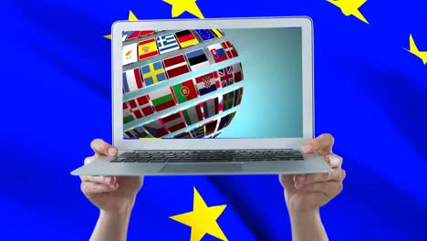 European-flags-in-globe-shape,-spinning-on-laptop