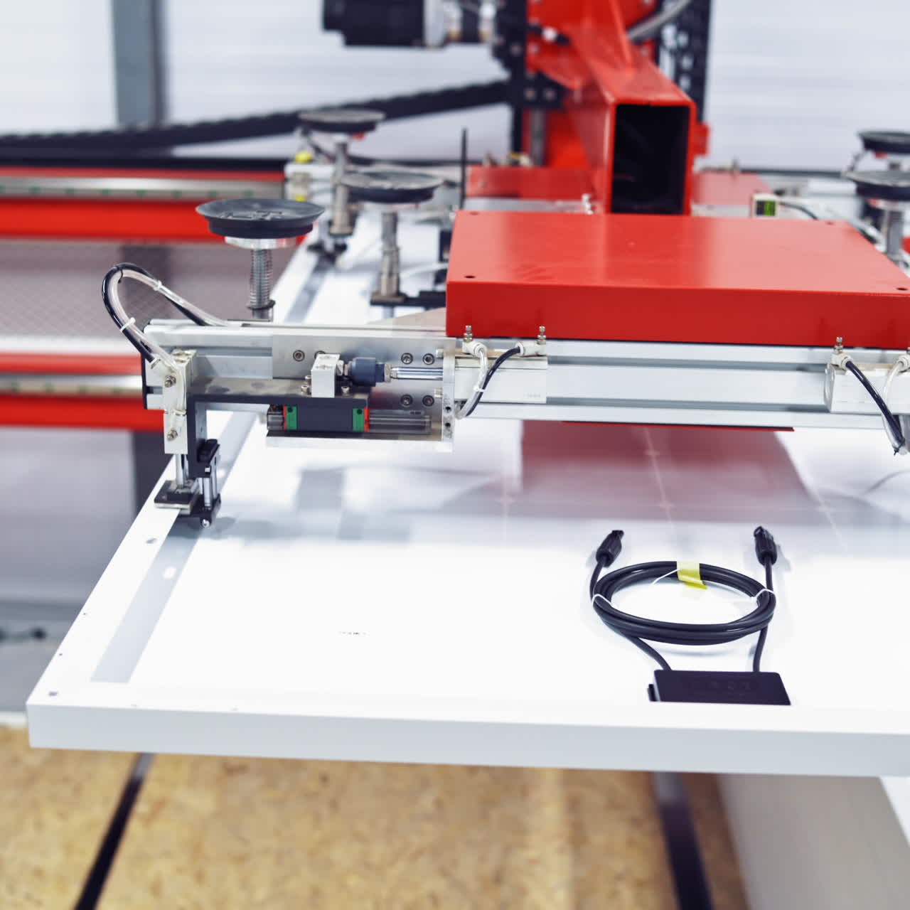 production of solar panels, Industrial robot working in factory,Conveyor Tracking Controler of robotic hand. Assembly line at plant. Process closeup video.