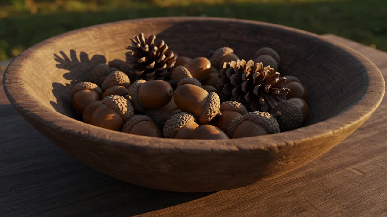 A Rustic Wooden Bowl Filled with Acorns and Pine Cones, Showcasing Nature's Bounty in a Serene Outdoor Setting at Sunset