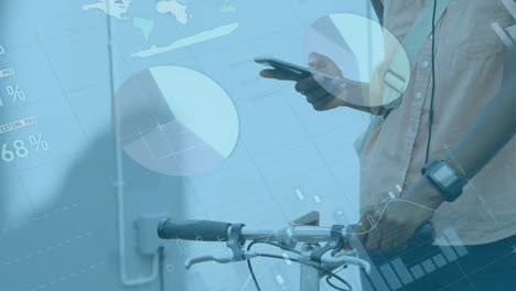animation of statistical data processing over mid section of woman with a bicycle using smartphone