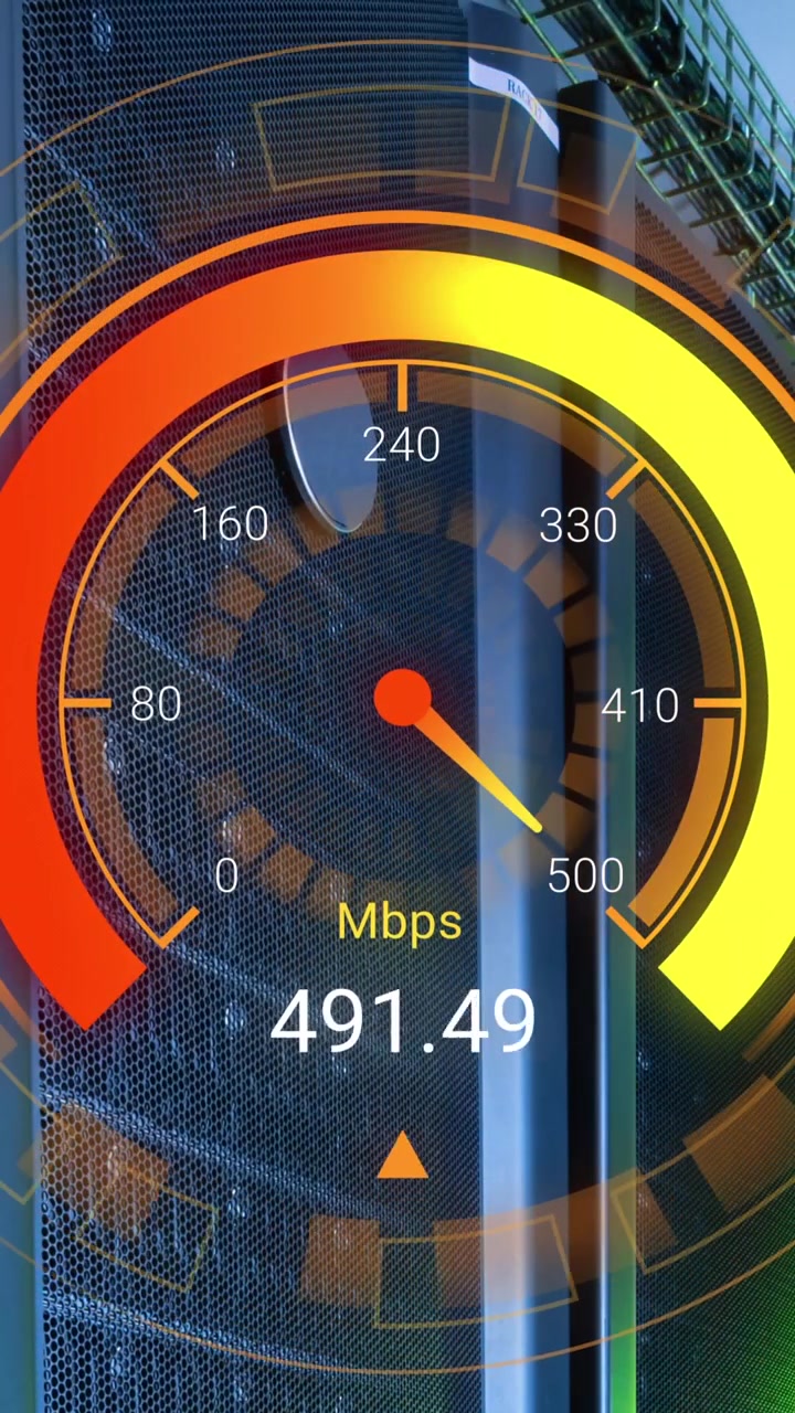 Animation of data processing and server room over speedometer