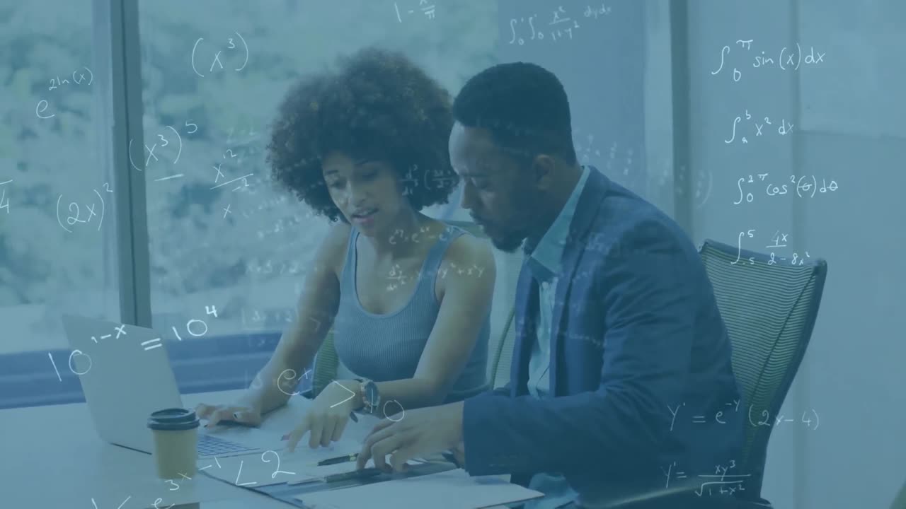 Animation of math formulas over diverse businesspeople with laptop in office