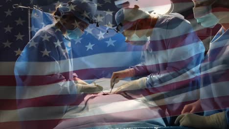 animation of flag of united states of america waving over surgeons in operating theatre