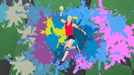 Animation-of-caucasian-female-handball-player-holding-ball-over-colorful-stains