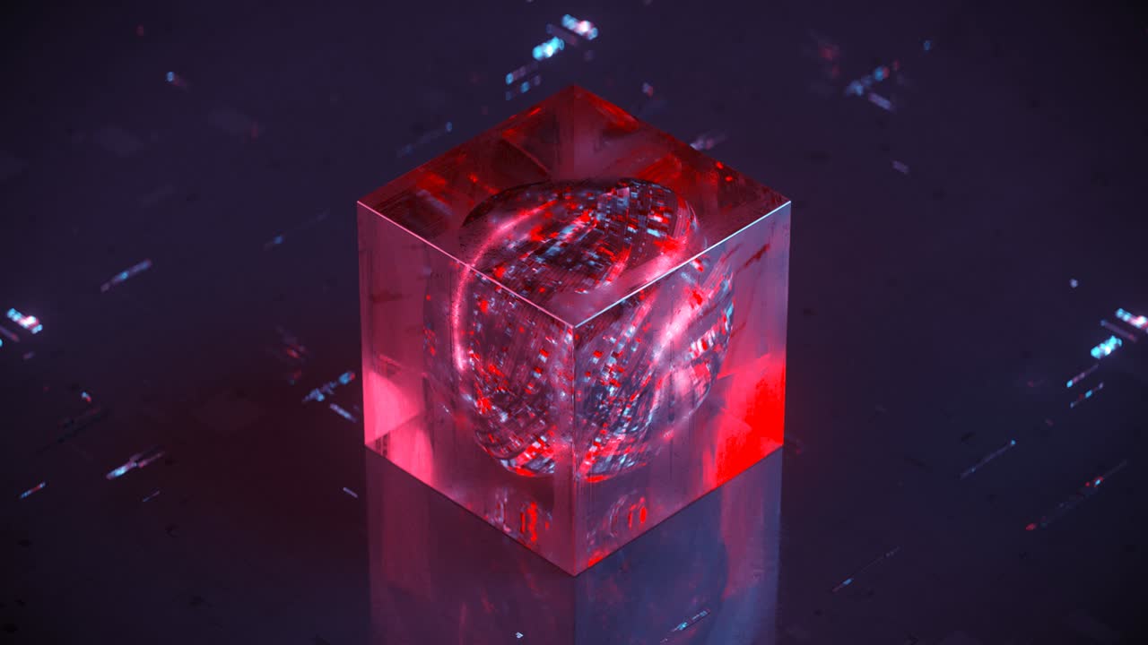 Glødende rød kugle i glaskube, sømløs 3D-renderanimation.