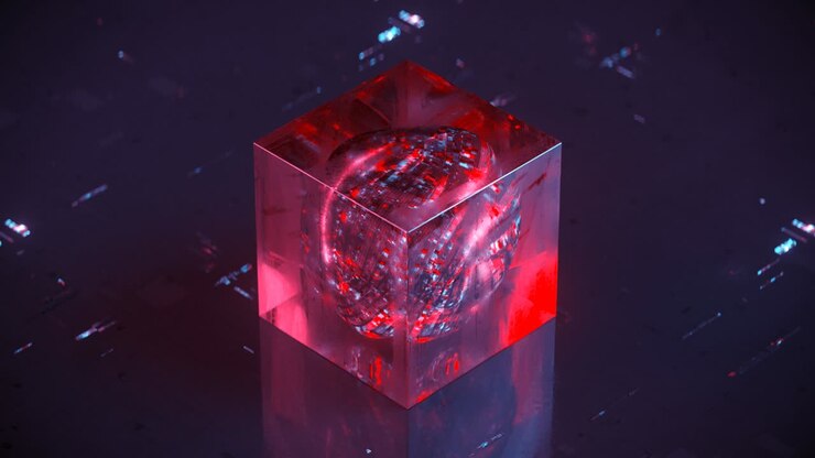 Sfera rossa luminosa in cubo di vetro, animazione 3D renderizzata in loop continuo.