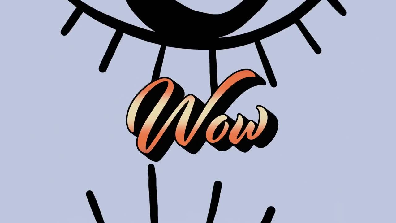Animazione di testo "wow" su occhio su sfondo grigio