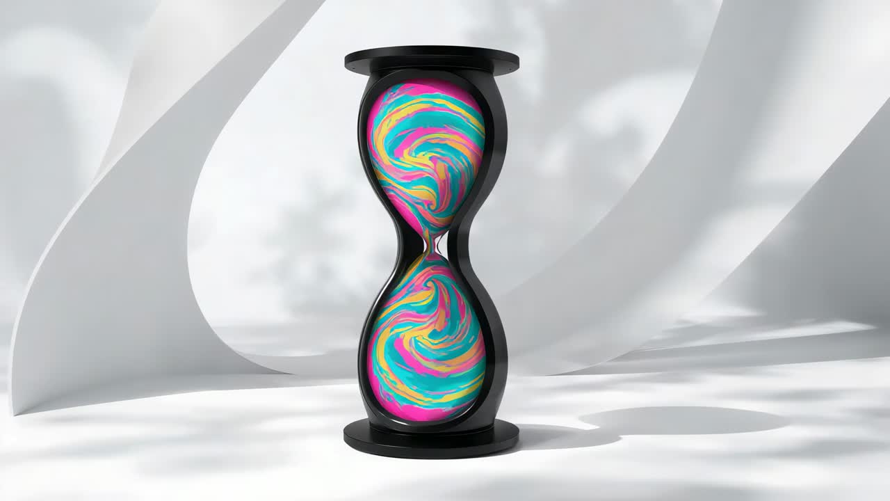 Light casting shadows in studio, camera shifting right as neon fluid rotating in black hourglass