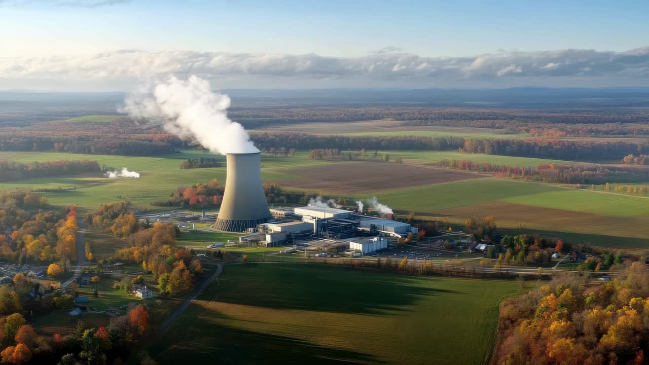Aerial view of a nuclear power plant surrounded by fields and autumn trees, showcasing industrial