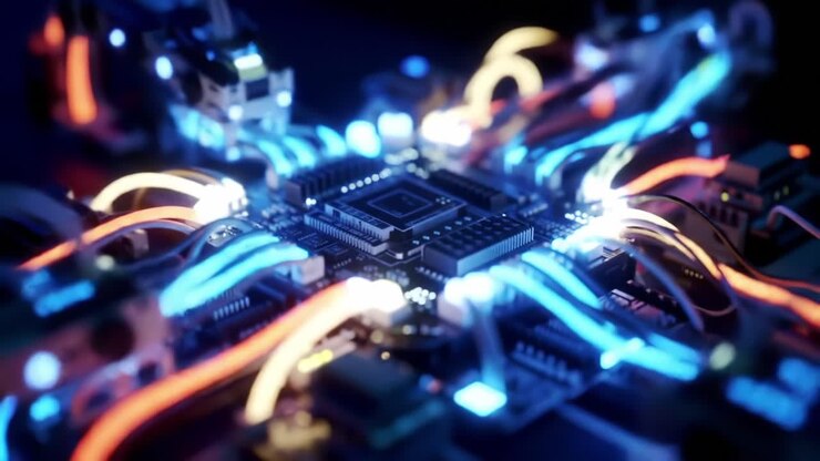 A Stunning Close-Up of a Microchip Surrounded by Colorful Wires and Lights, Showcasing the Intricacies of Modern Technology and Electronic Design