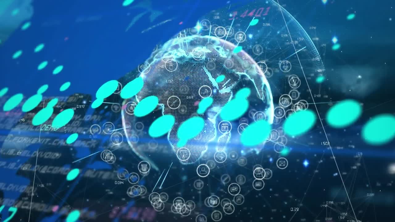 어두운 배경에서 연결 및 데이터 처리를 가진 지구의 애니메이션