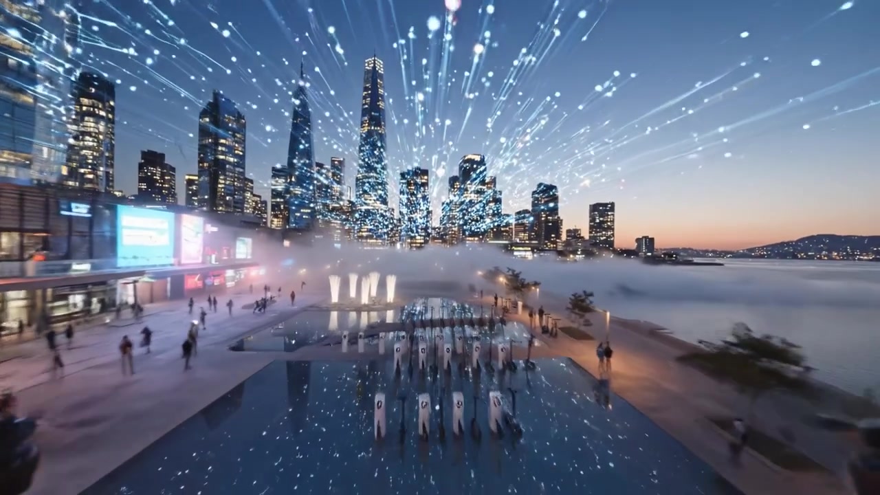 Dynamic Urban Skyline at Dusk: A Vibrant City Scene with Luminescent Trails and a Majestic View of Skyscrapers Illuminated Against a Darkening Sky