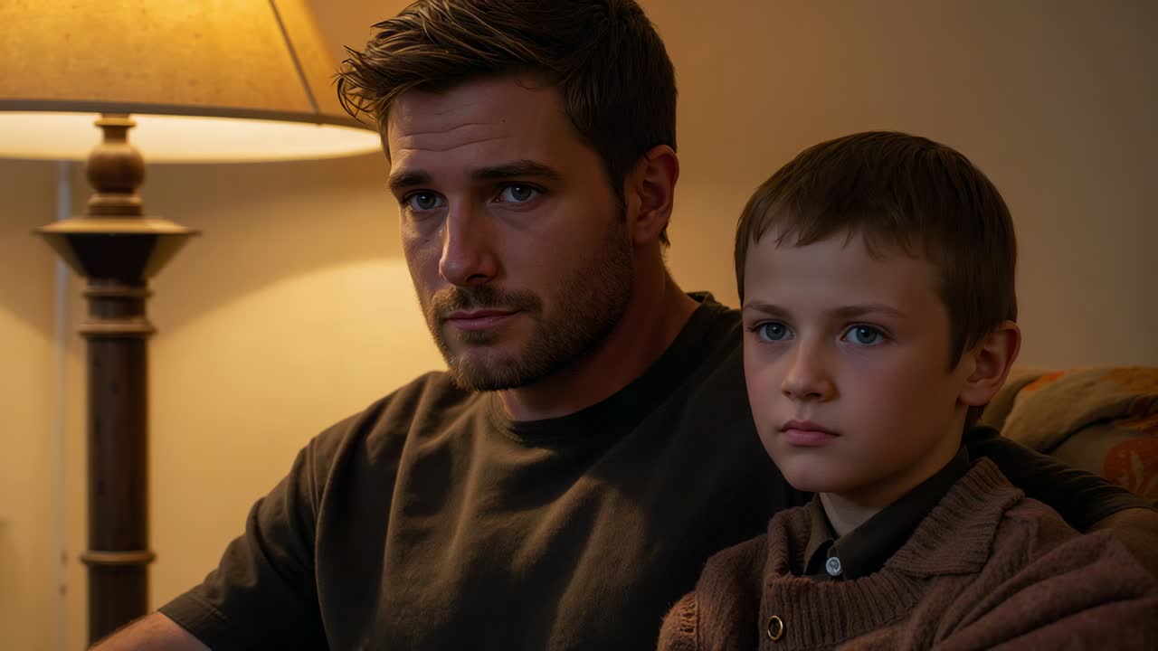 Starting gaze, man lowering eyes toward child on sofa under lamp, protecting in dark sweatshirt
