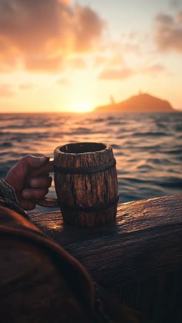 wooden mug held on pirate ship at sunset