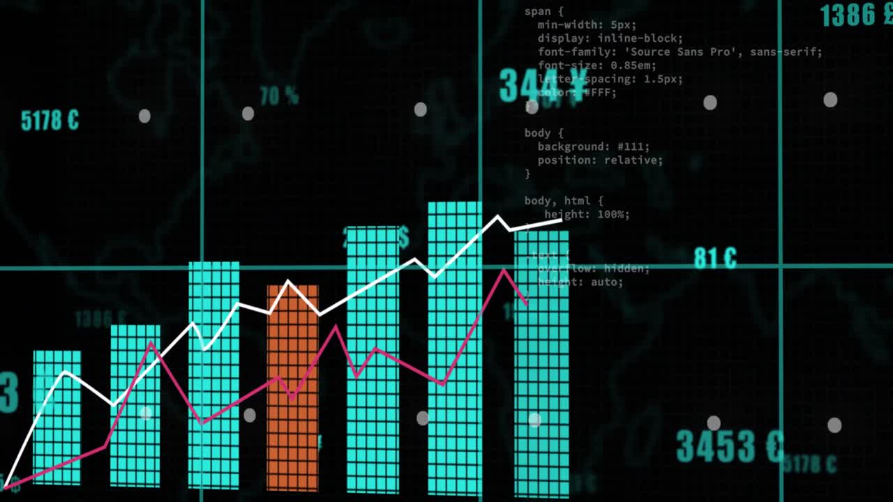 Animation of data processing over shapes on blue background