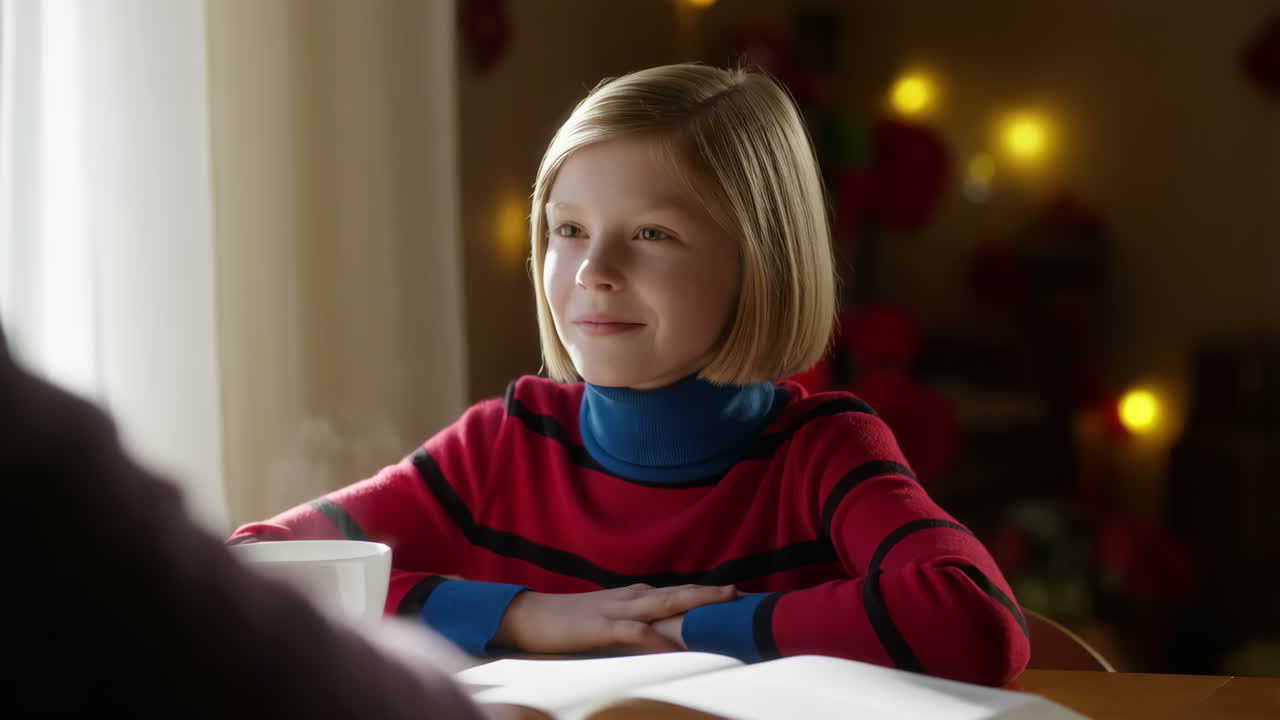 A young girl sits at a table by a window