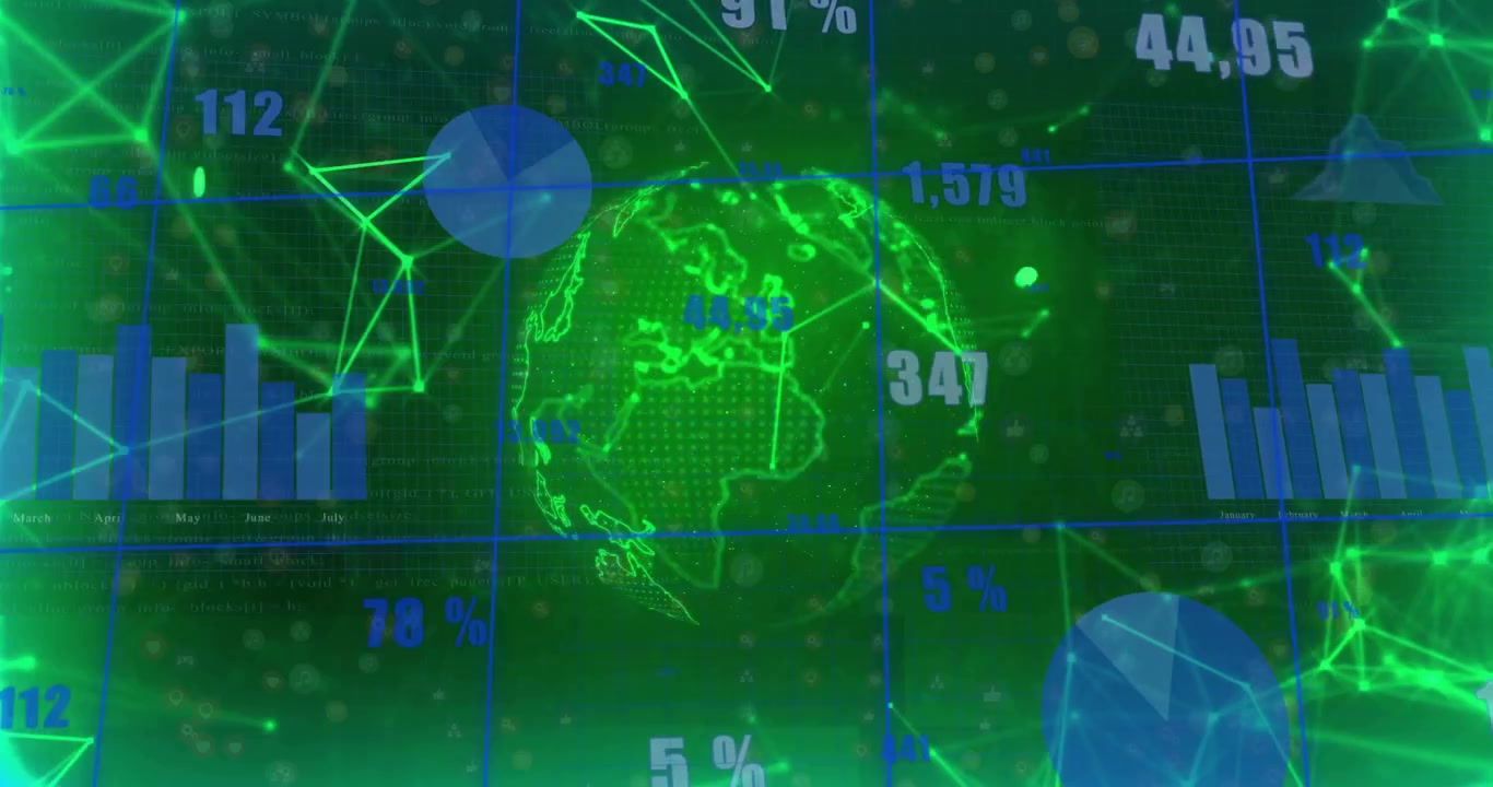 On wireframe globe appearing, globe rotating while charts updating figures for global data trends