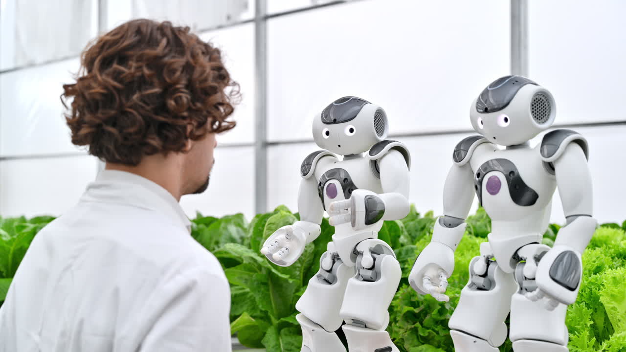 Laboratory technician in a white coat interacting with two humanoid robots near different types of lettuce in a greenhouse farm