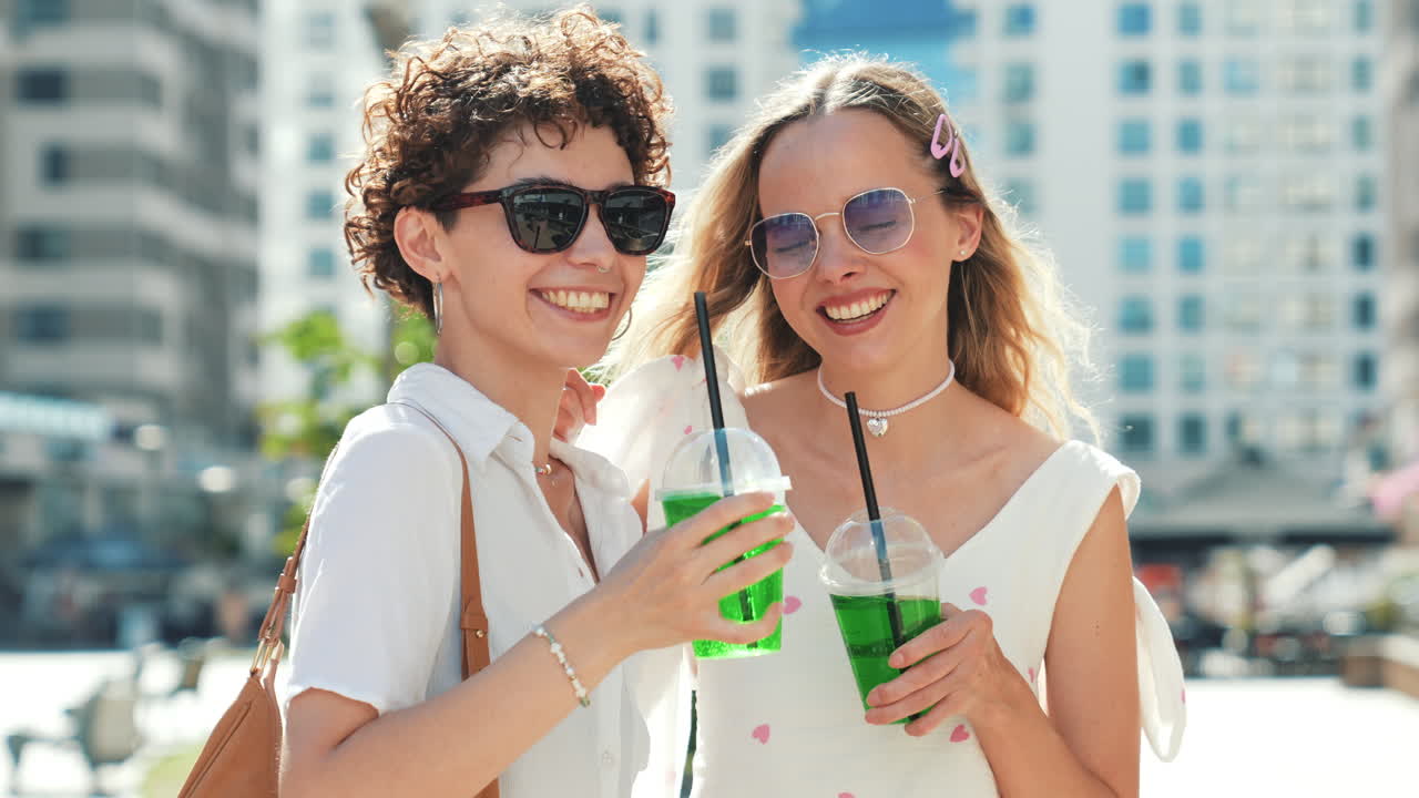 dos mujeres disfrutando de bebidas en la ciudad