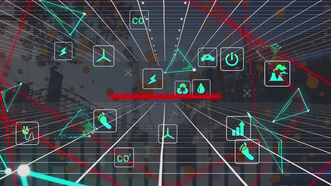 Animation of green eco icons and data processing over grid