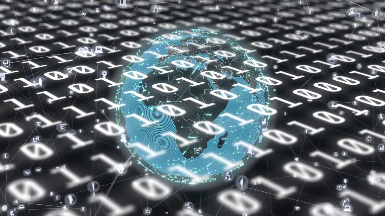 Cyan globe appearing frame1, rotating as binary grid shifting and icons connecting visualizing data