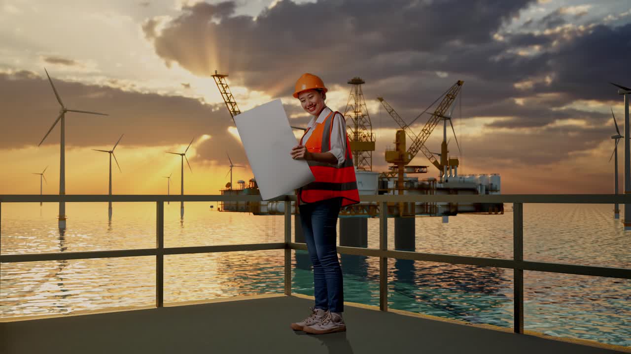 vista lateral completa del cuerpo de una ingeniera asiática con casco de seguridad mirando el plano en sus manos mientras está de pie con la producción de hidrógeno