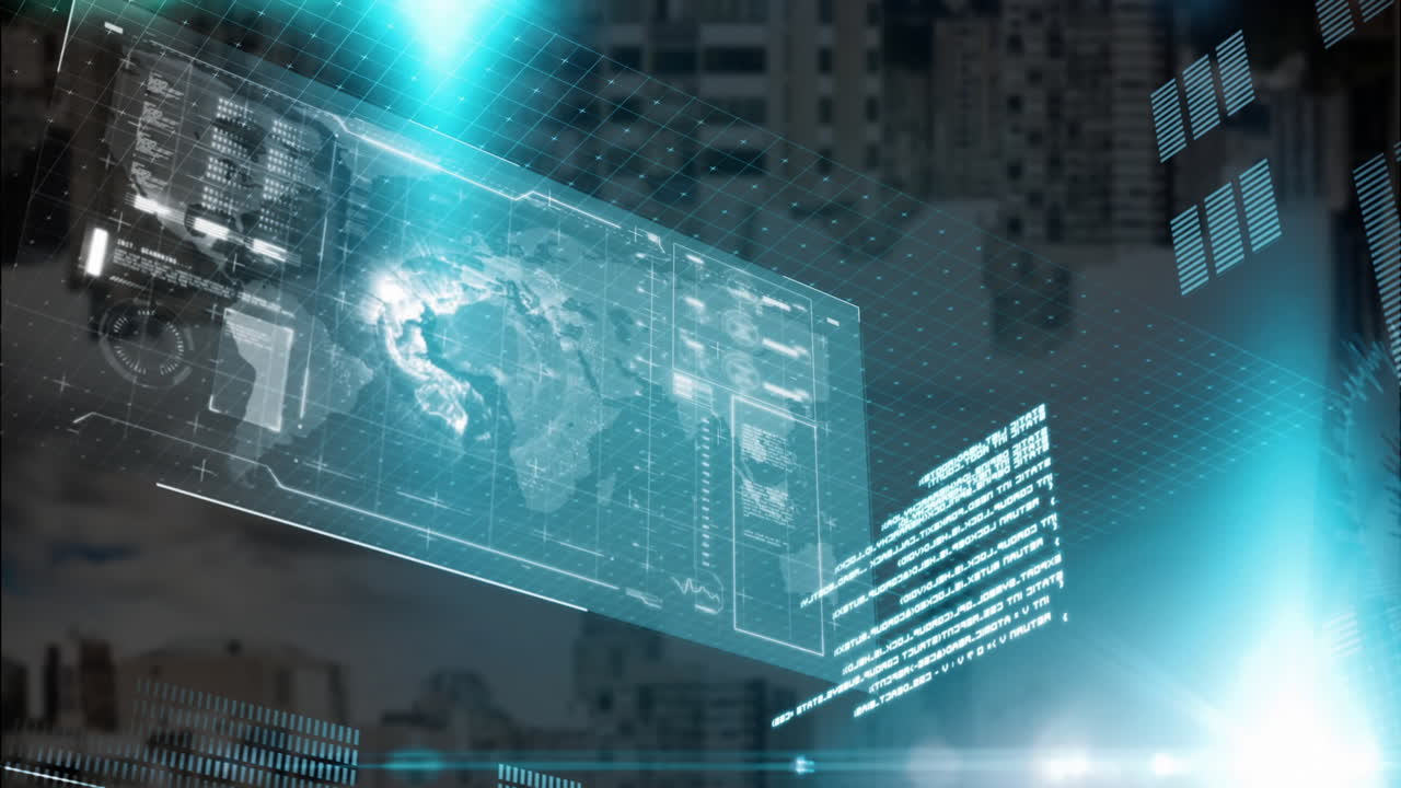 Animation of globe, loading bars and computer language over modern buildings