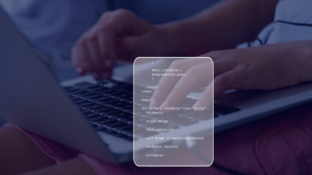 First keystroke initiating overlays, hands typing, code panels appearing, moving, showing changes