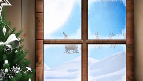 animation of santa claus in sleigh with reindeer seen seen through window