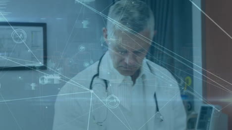 animation of network of connections with icons over caucasian male doctor in laboratory