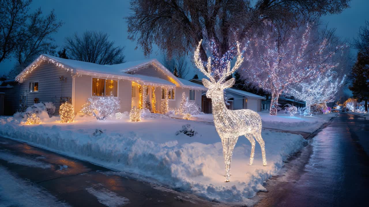 A Magical Winter Scene Featuring a Glimmering Reindeer and a Cozy, Decorated Home Surrounded by Sparkling Lights on a Snowy Night