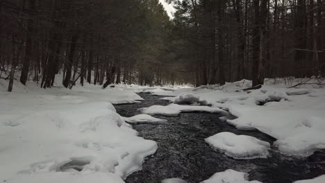drone shot going down snowy river in winter