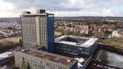 aerial view pilkington's glass head office townscape, a corporate blue high-rise with shared office space