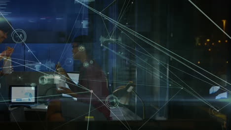 animation of network of connections over female tennis player at tennis court