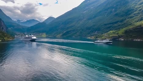 cruise liners on geiranger fjord, norway