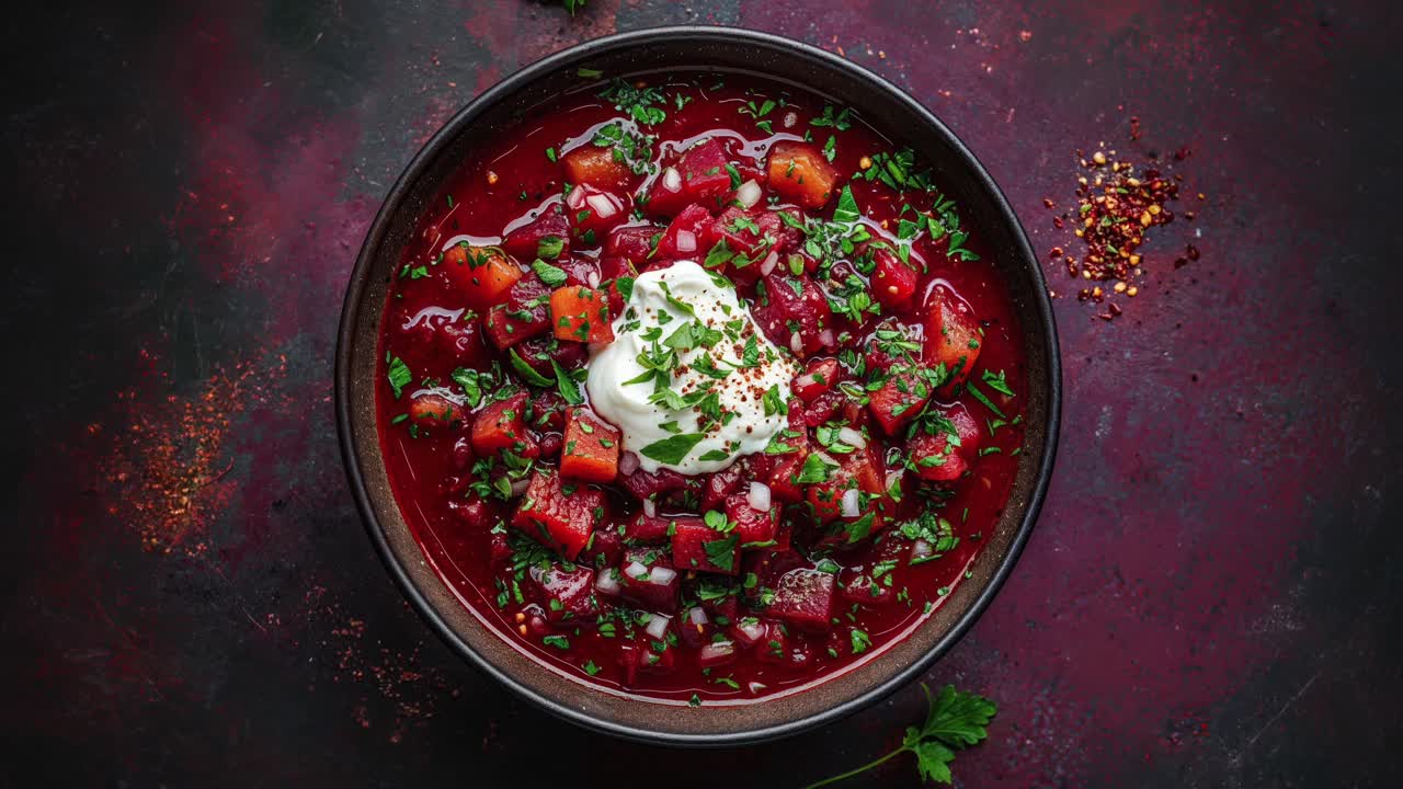 cuenco de borscht ucraniano tradicional con crema agria