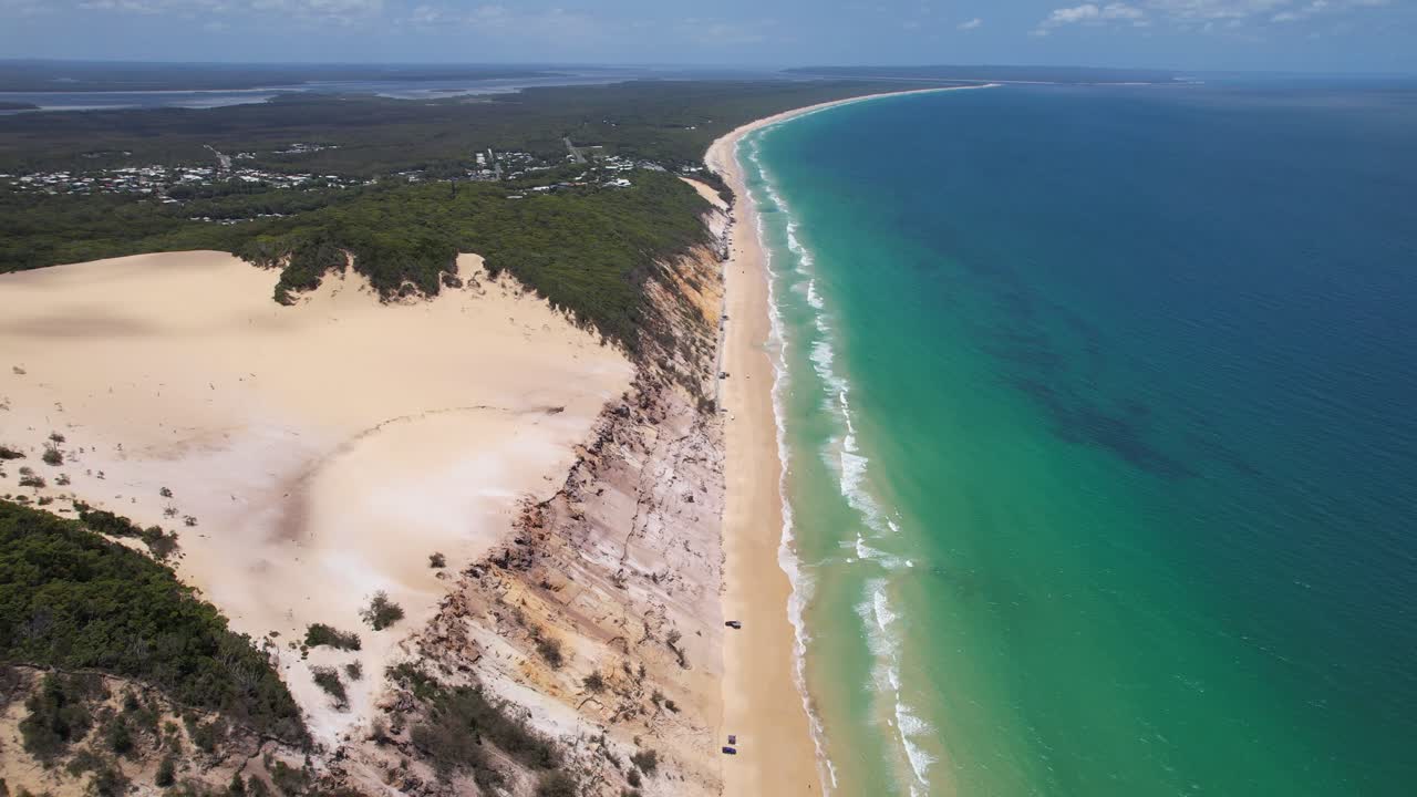 Beach And Sand Dunes In Rainbow Beach, Queensland, Australia - Aerial Panoramic