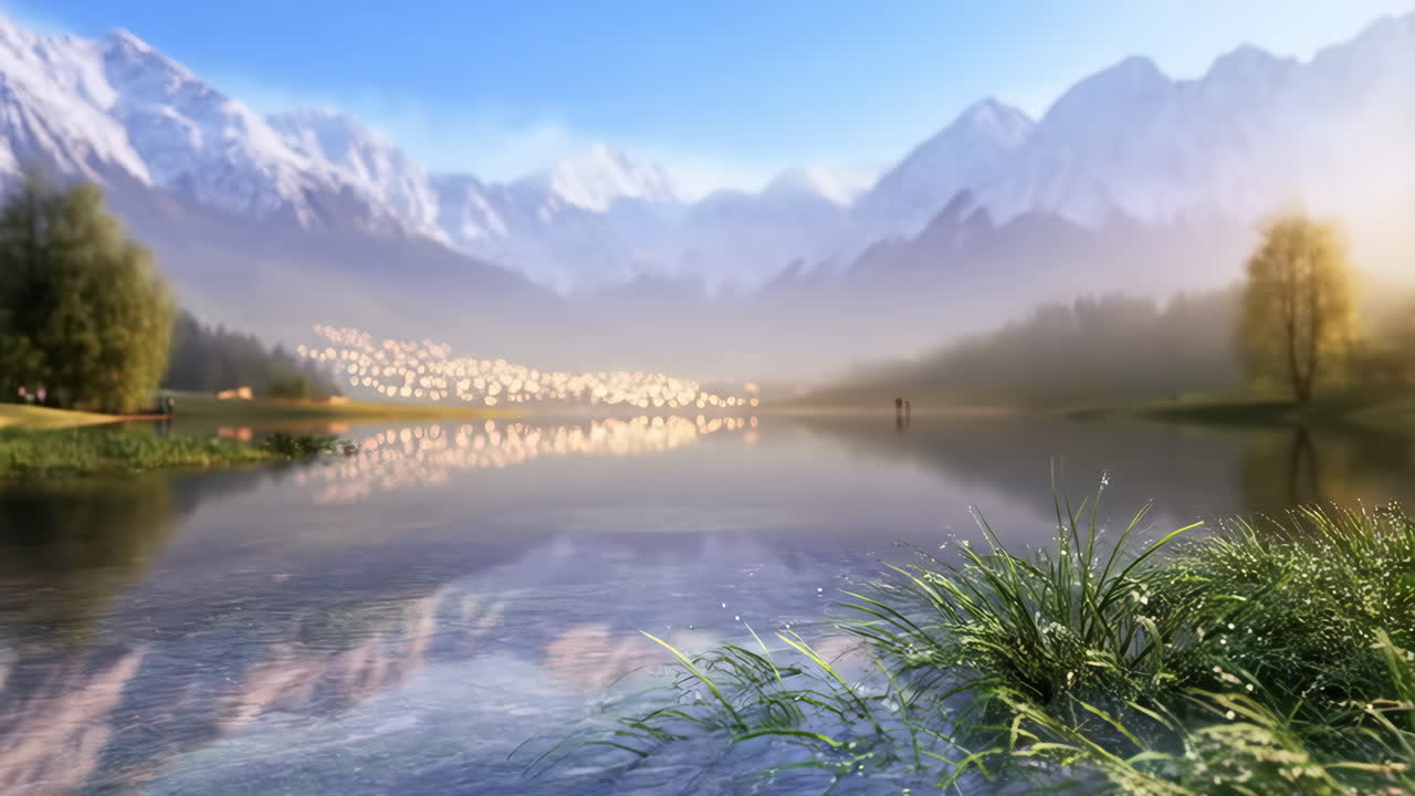 A tranquil mountain lake reflects a distant village and snow-capped peaks at dawn or dusk