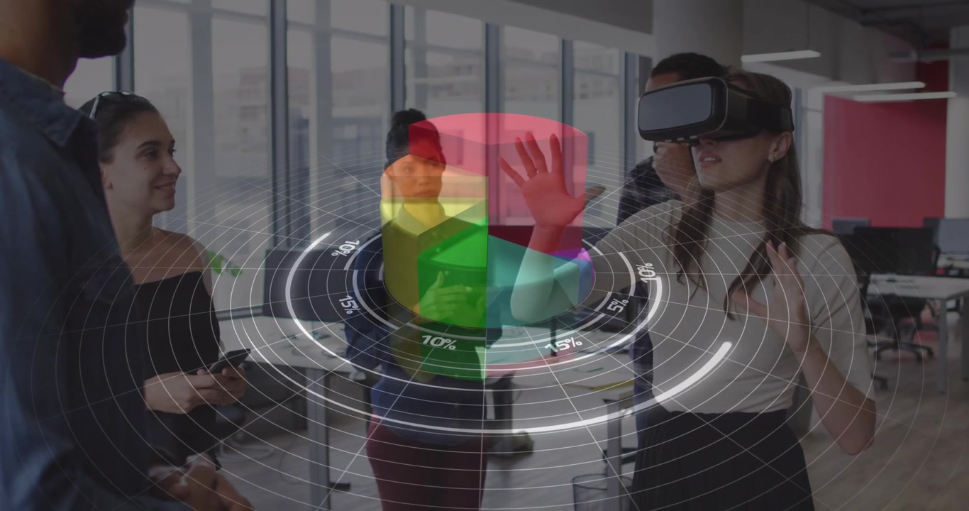 Animation of statistics and financial data processing over diverse business people in office