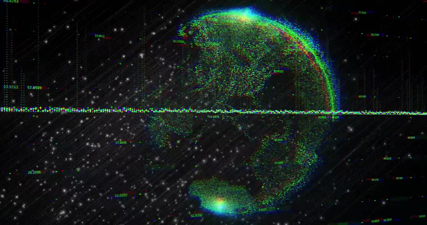 Futuristic Digital Earth Globe with Data Network and Glitch Effect