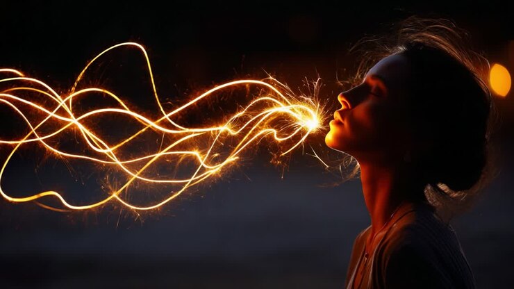Una rappresentazione eterea di una donna in silhouette su uno sfondo scuro, che espira scie di luce incandescente simili a scintille e che illustra un profondo legame con la creatività e l'espressione