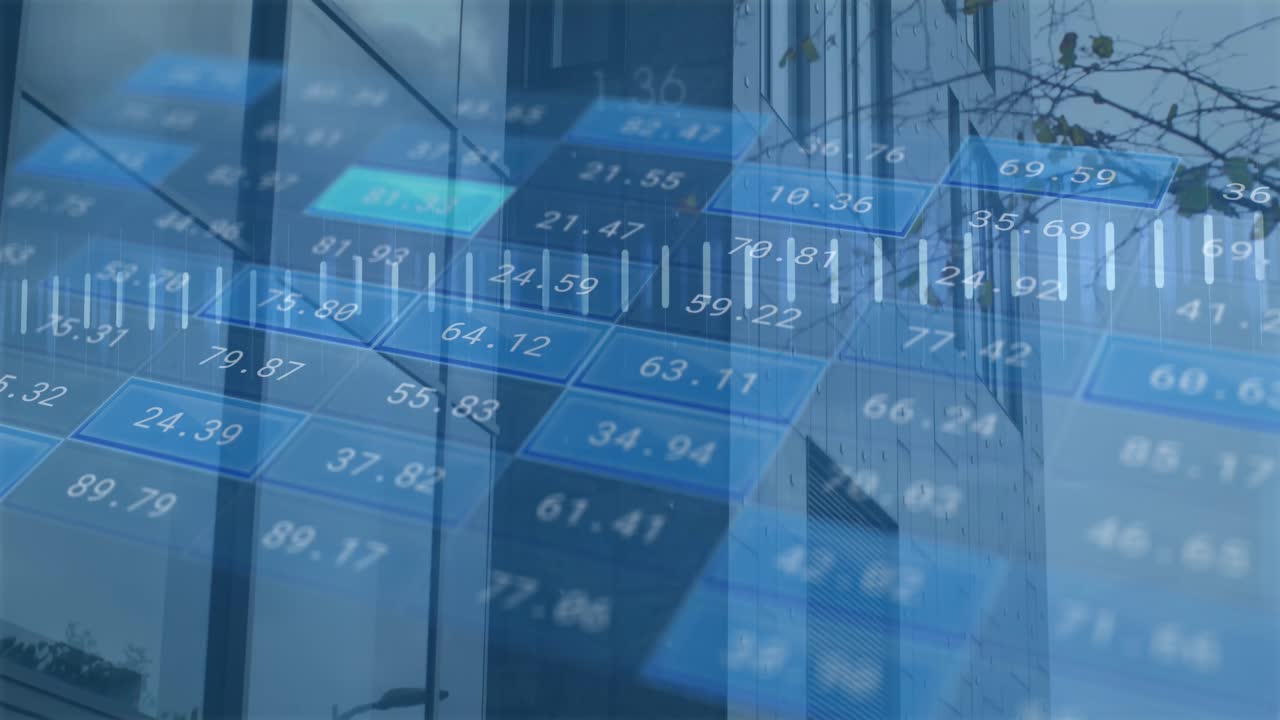 도시 풍경 위의 금융 데이터 처리 애니메이션