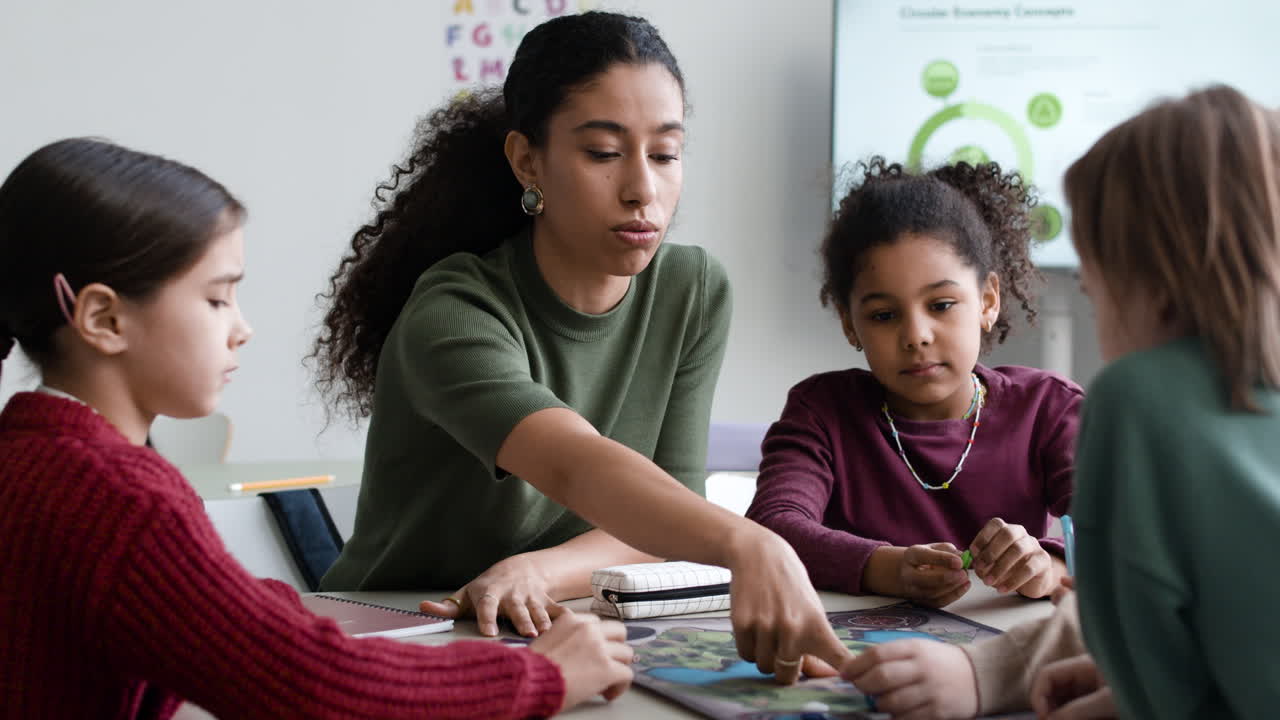 Teacher guiding students in a classroom game activity.