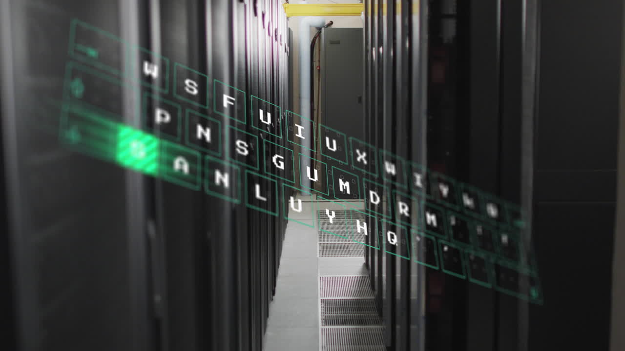 animación del procesamiento de datos contra la sala de servidores de computadoras