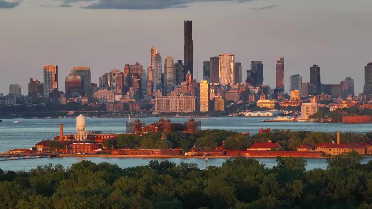 Aerial view of New York City’s Ellis Island at sunset