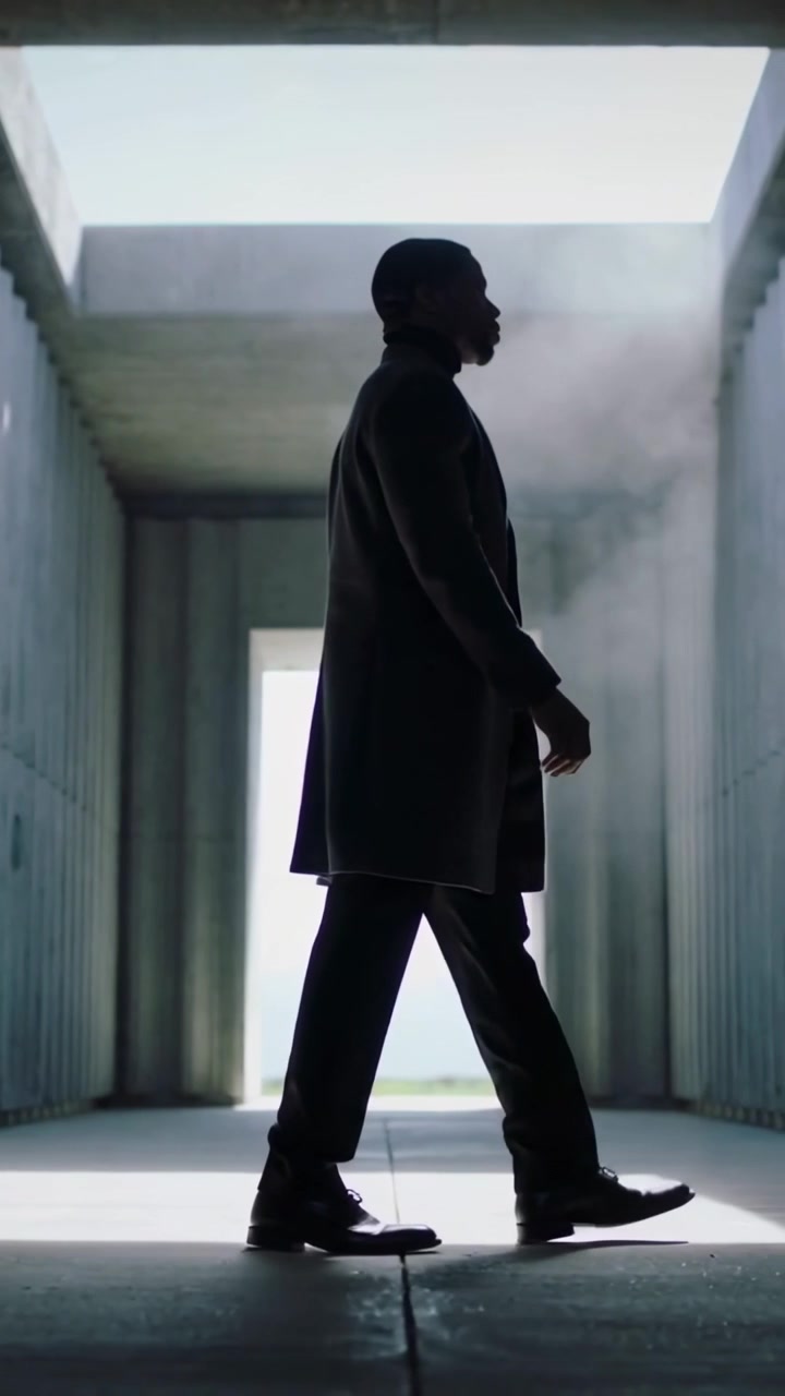 Vertical video: Walking man in coat moving along concrete hall, lit exit drawing him, smoke rising