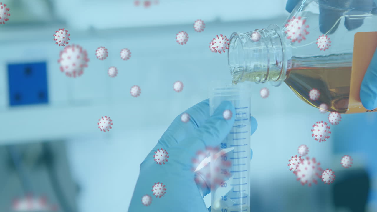 떠다니는 코로나 세포와 실험실에서 일하는 과학자의 손의 애니메이션