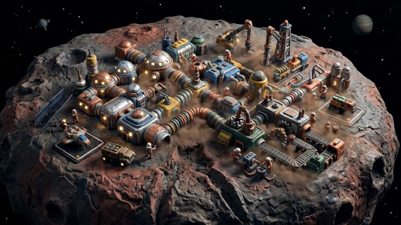 Miniature Asteroid Mining Colony with Workers in Space