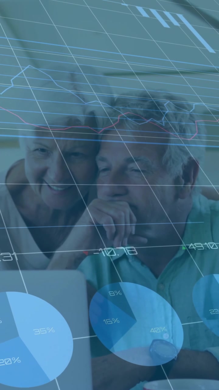 Financial data charts animation over elderly couple using laptop
