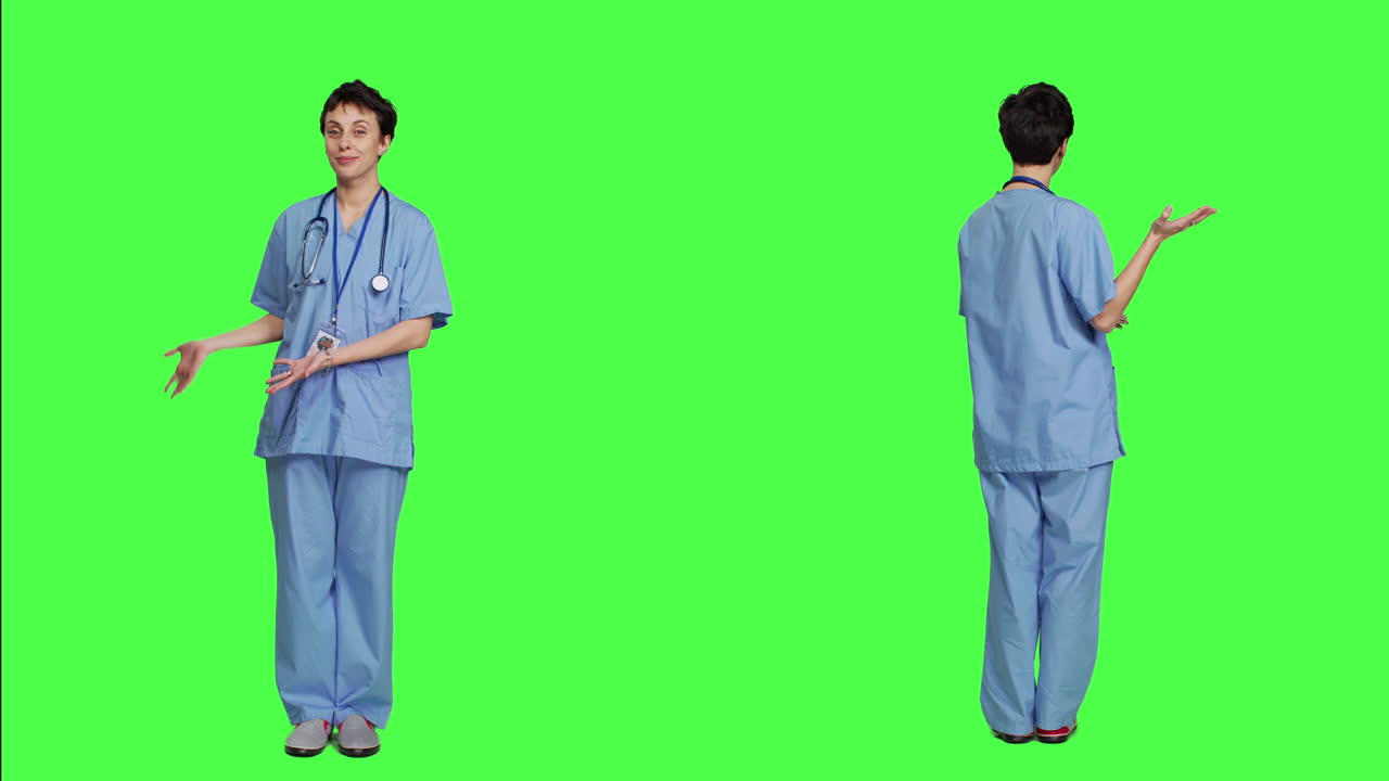 건강 관리 전문가가 스튜디오에서 홍보 광고를 위해 무언가를 제시합니다.